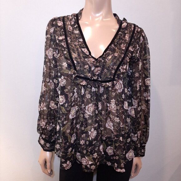 Zara Sheer Floral Blouse Womens Size Medium Black Long Sleeve Boho Peasant Top - Picture 6 of 15